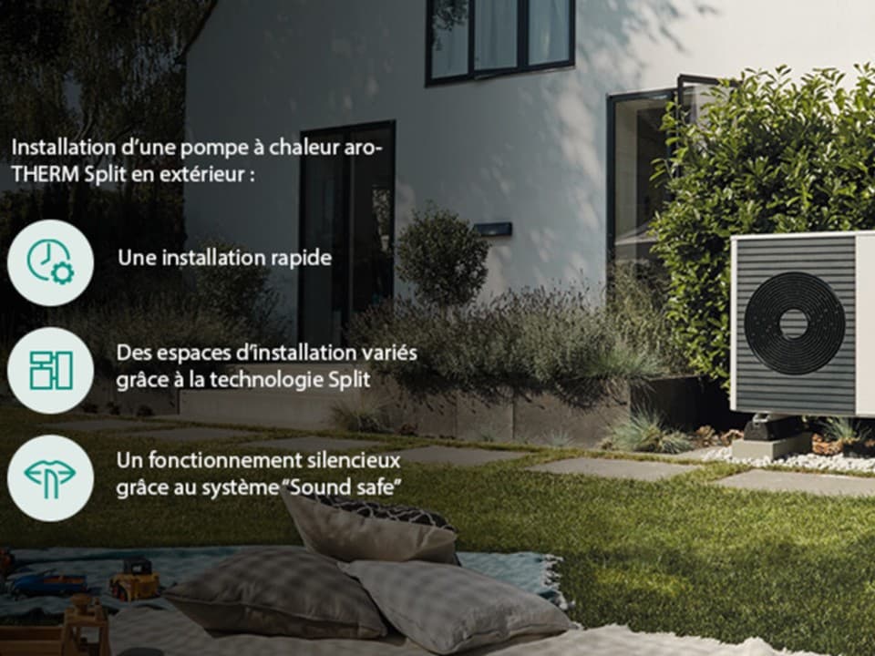 Vue d'ambiance d'une PAC Vaillant dans un jardin