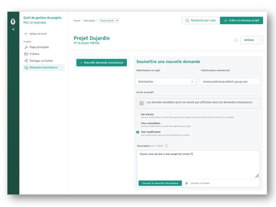 Outil de gestion de projet PAC et hybride - Demande d'assistance