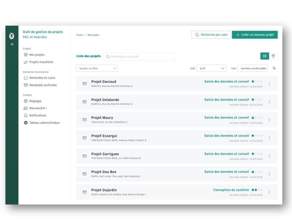 Outil de gestion de projet PAC et hybride - Tableau de bord