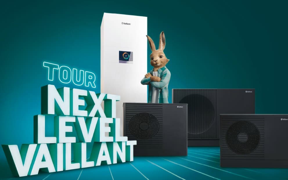 Bannière Tour Next Level Vaillant avec le lapin Vaillant entouré de produits